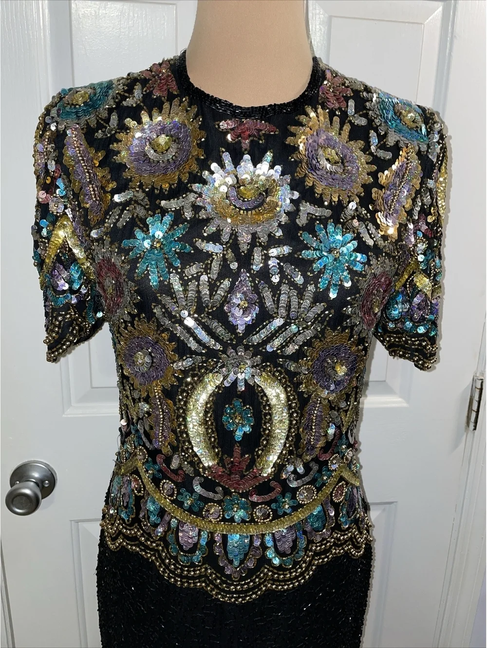 Laurence Kazar NewYork 100% Sequin Silk Dress Black Floral Small Formal Lined
